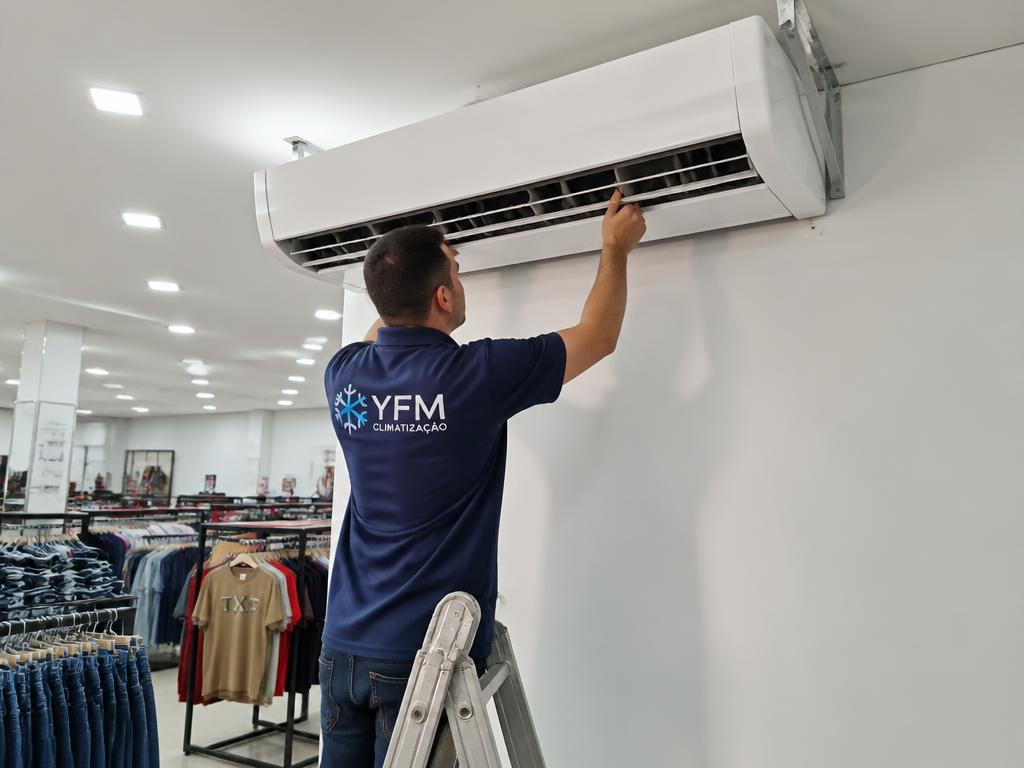 Instalação de ar-condicionado comercial no teto junto à parede em loja de roupas em Maringá