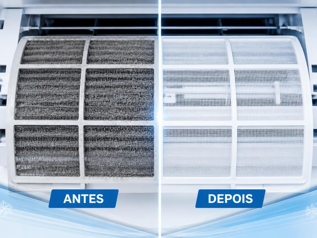 Antes e depois da limpeza de filtro de ar-condicionado em Maringá