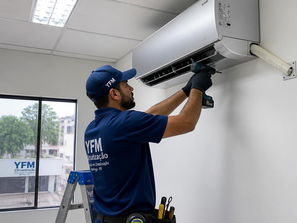 Instalação comercial de ar-condicionado split na parede em empresa de Maringá