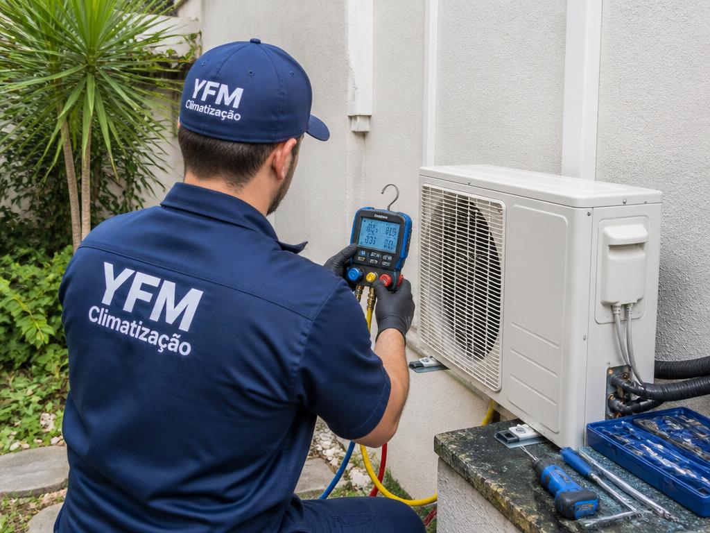 Técnico da YFM Climatização verificando pressão do gás refrigerante em Maringá